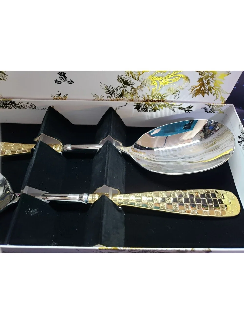 McKenzie Childs Gold Plated Salad Serving Set NEW IN BOX Check Pattern
